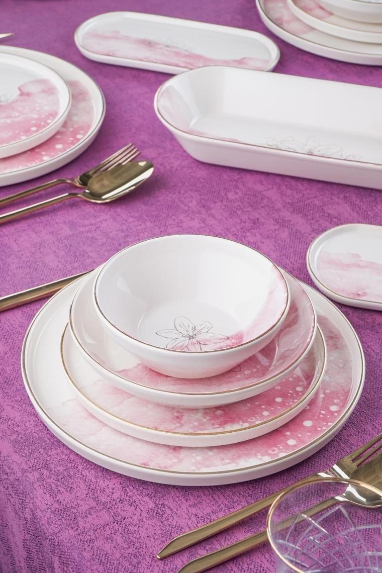 Adore 6 Kişilik 27 Parça Pembe Beyaz Çiçek Desenli Gold Yaldız Yemek Takımı 0490