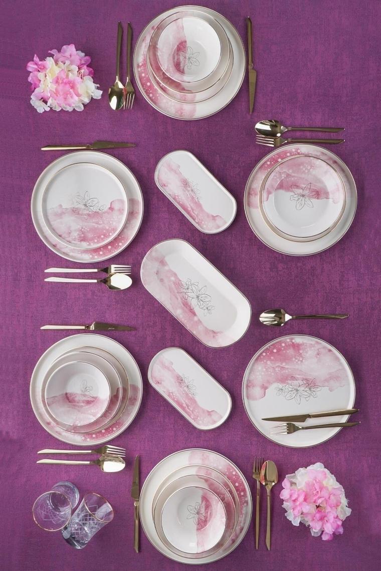 Adore 6 Kişilik 27 Parça Pembe Beyaz Çiçek Desenli Gold Yaldız Yemek Takımı 0490