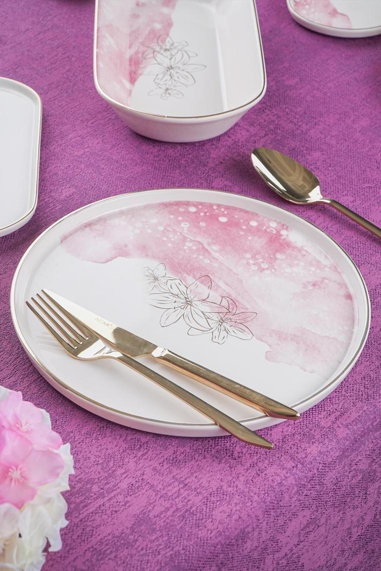 Adore 6 Kişilik 27 Parça Pembe Beyaz Çiçek Desenli Gold Yaldız Yemek Takımı 0490