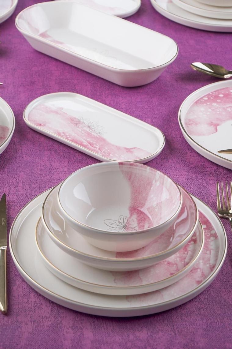 Adore 6 Kişilik 27 Parça Pembe Beyaz Çiçek Desenli Gold Yaldız Yemek Takımı 0490