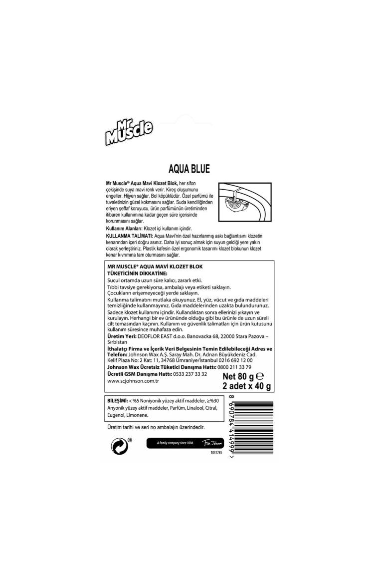 Mr Muscle Klozet Blok Tuvalet Temizleyici, Aqua Mavi, 2x40 gr