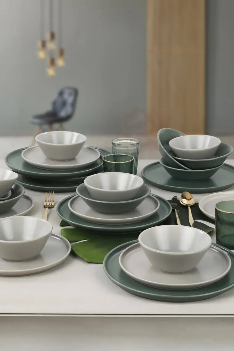Keramika Mat Gri - Mat Yeşil Nordıc Yemek Takımı 6 Kişilik 24 Parça