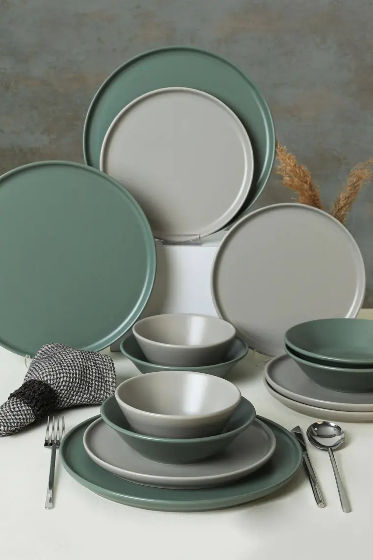 Keramika Mat Gri - Mat Yeşil Nordıc Yemek Takımı 6 Kişilik 24 Parça