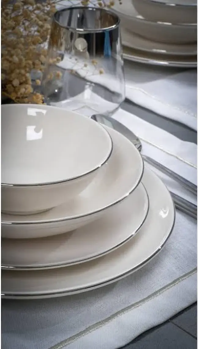 Heda Porselen Hayal Platin Yaldız 24 Parça 6 Kişilik Porselen Yemek Takımı Kırık Beyaz