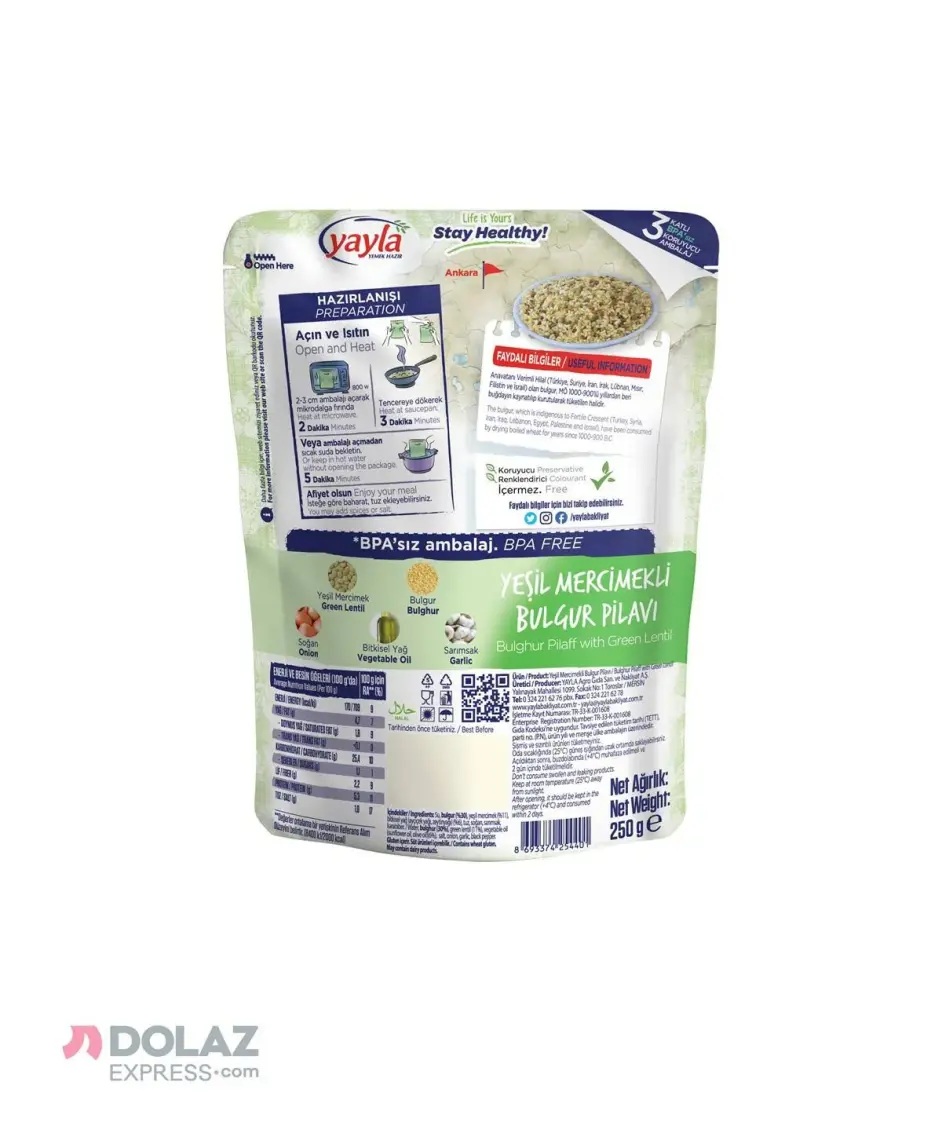 Yayla Yemek Hazır Yeşil Mercimekli Bulgur Pilavı 250 gr