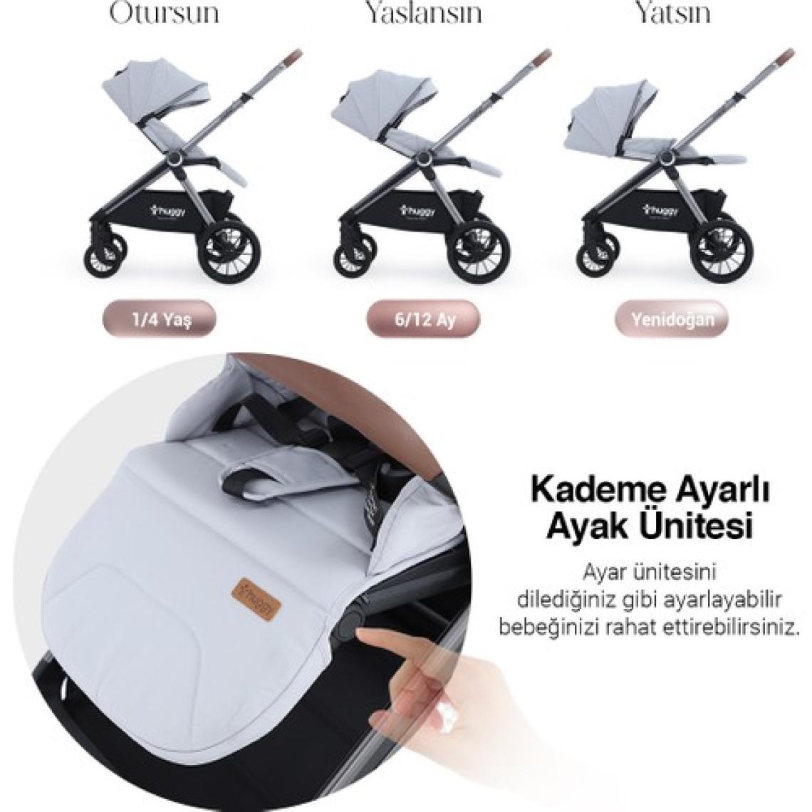 Huggy Mate 5 in 1 Extra Parlak Çift Yönlü Gri Travel Bebek Arabası