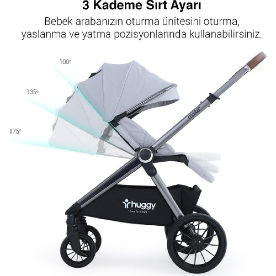 Huggy Mate 5 in 1 Extra Parlak Çift Yönlü Gri Travel Bebek Arabası