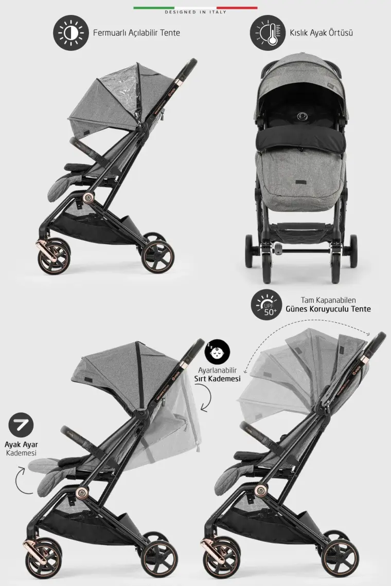 Elele Plane 2 Kabin Tipi Bebek Arabası Rose Siyah-Gri