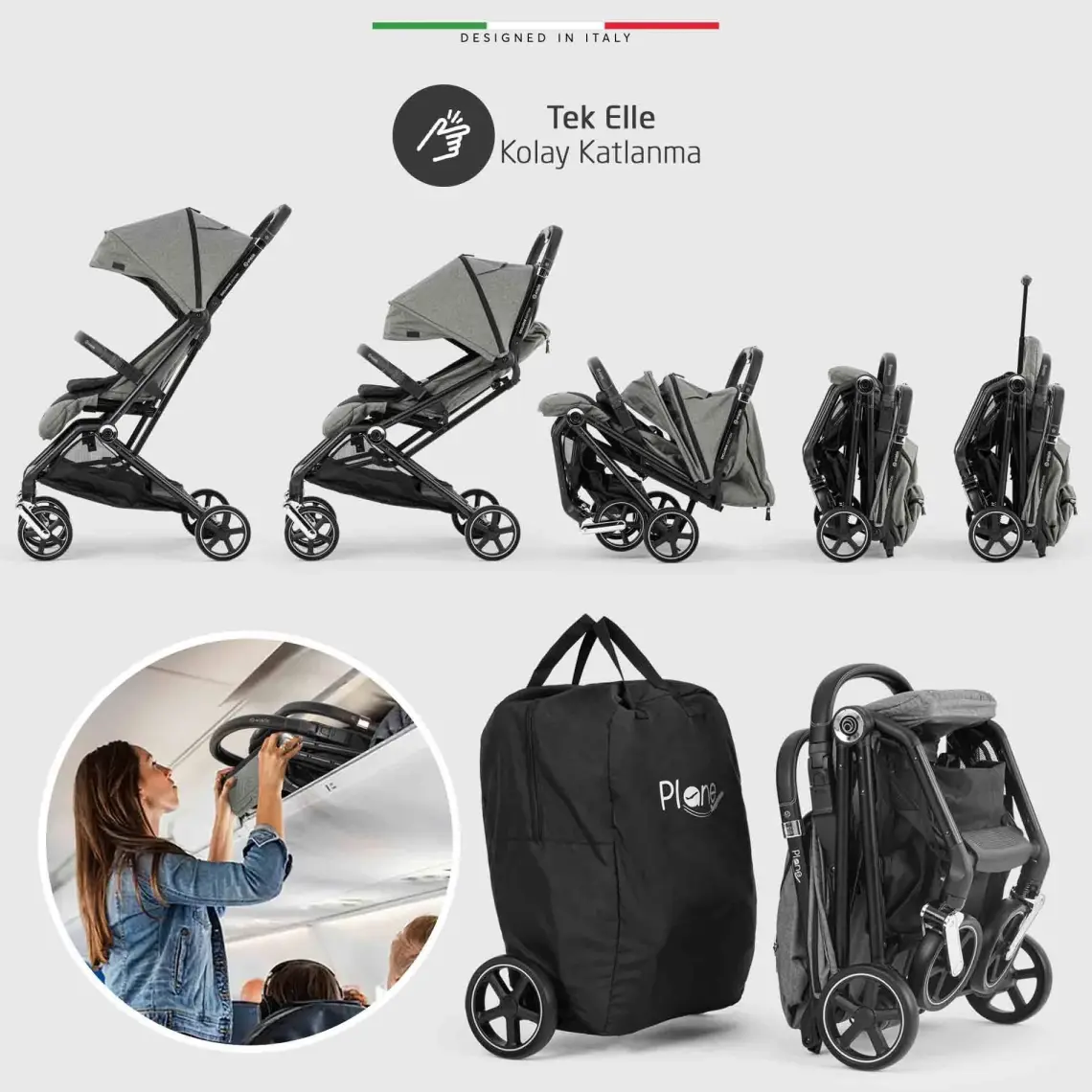 Elele Plane 2 Kabin Tipi Bebek Arabası Rose Siyah-Gri