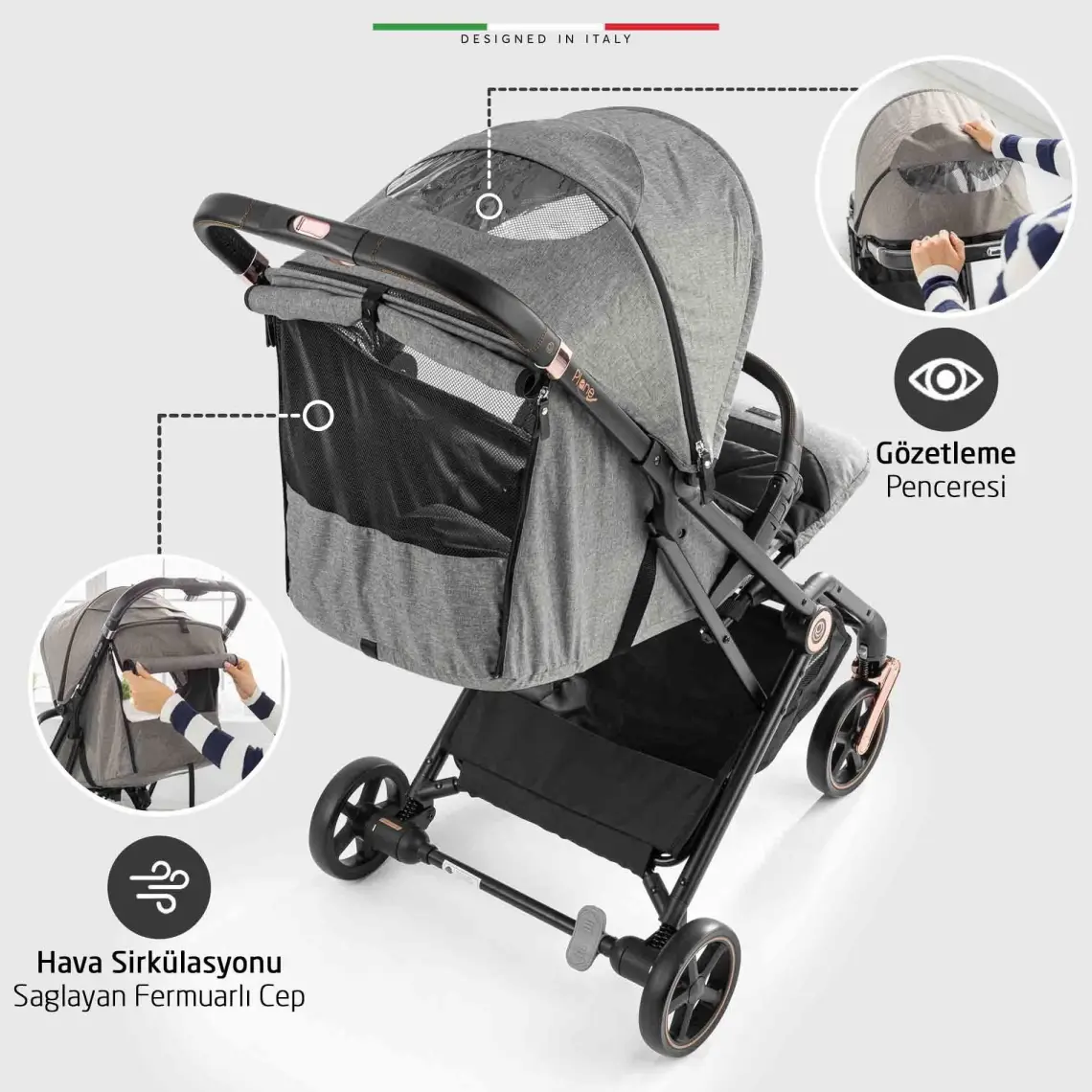 Elele Plane 2 Kabin Tipi Bebek Arabası Rose Siyah-Gri