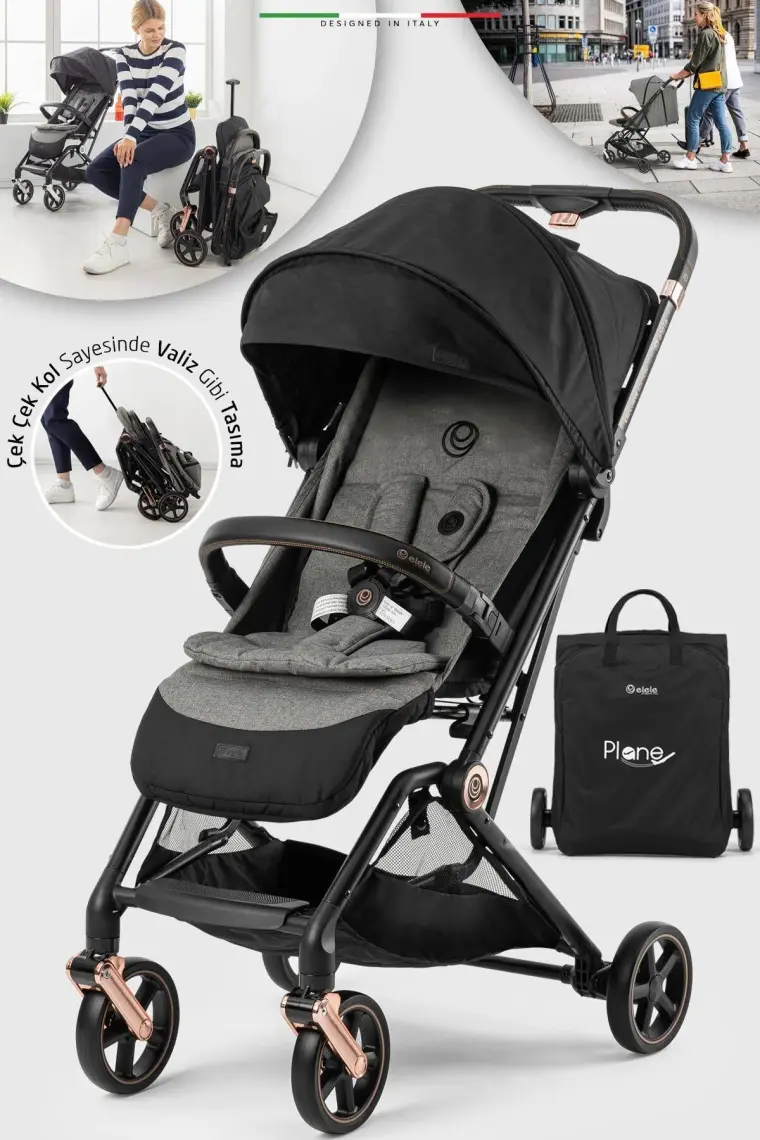 Elele Plane 2 Kabin Tipi Bebek Arabası Rose Siyah-Gri