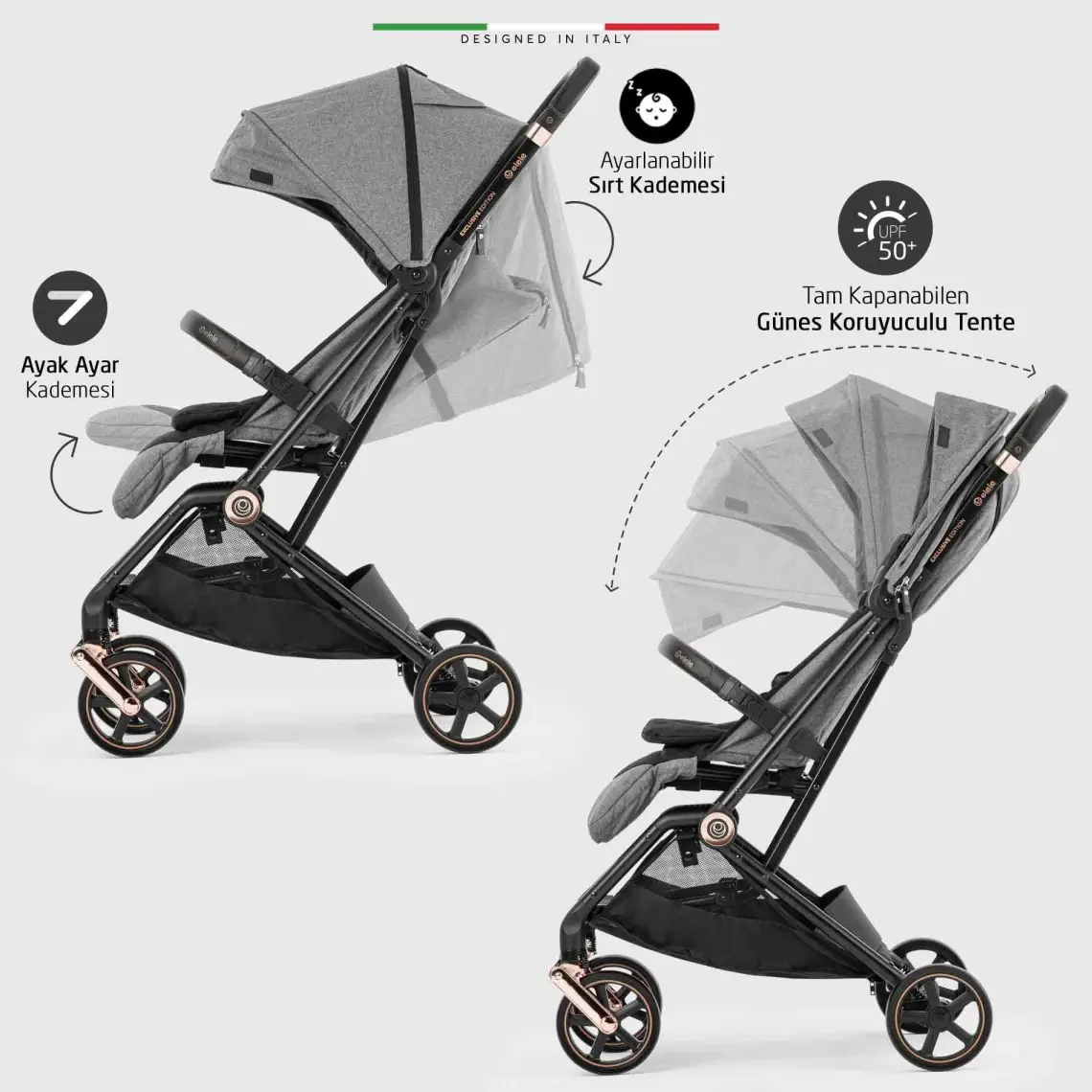 Elele Plane 2 Kabin Tipi Bebek Arabası Rose Siyah-Gri