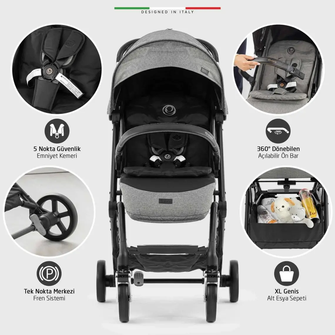 Elele Plane 2 Kabin Tipi Bebek Arabası Rose Siyah-Gri