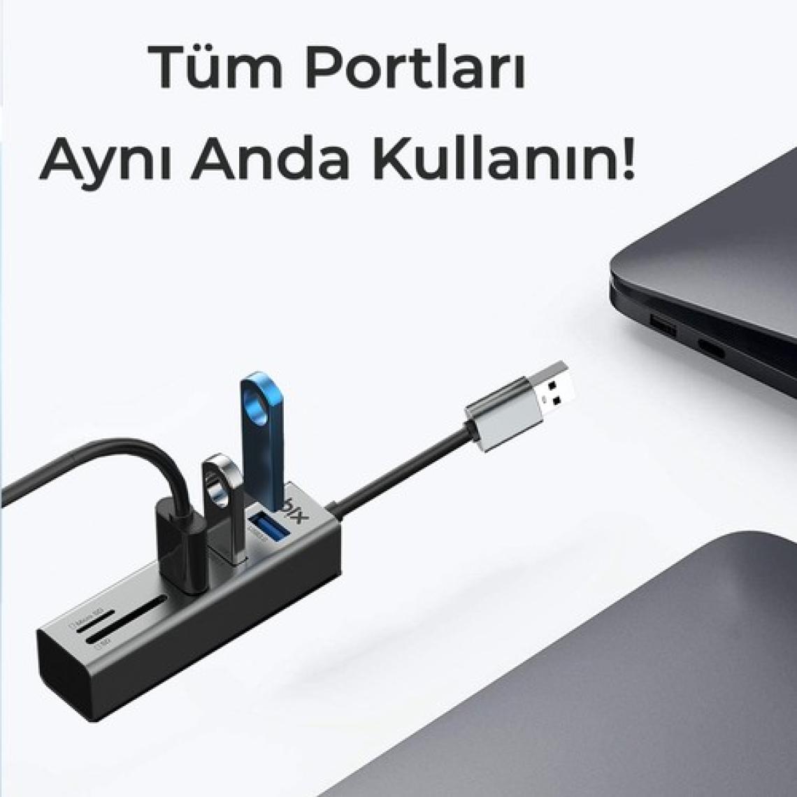 Bix BX04HB 5in1 USB Hub Micro SD / SD Kart Giriş, 3x USB 3.0 Portlu Windows Uyumlu Çoklayıcı Adaptör