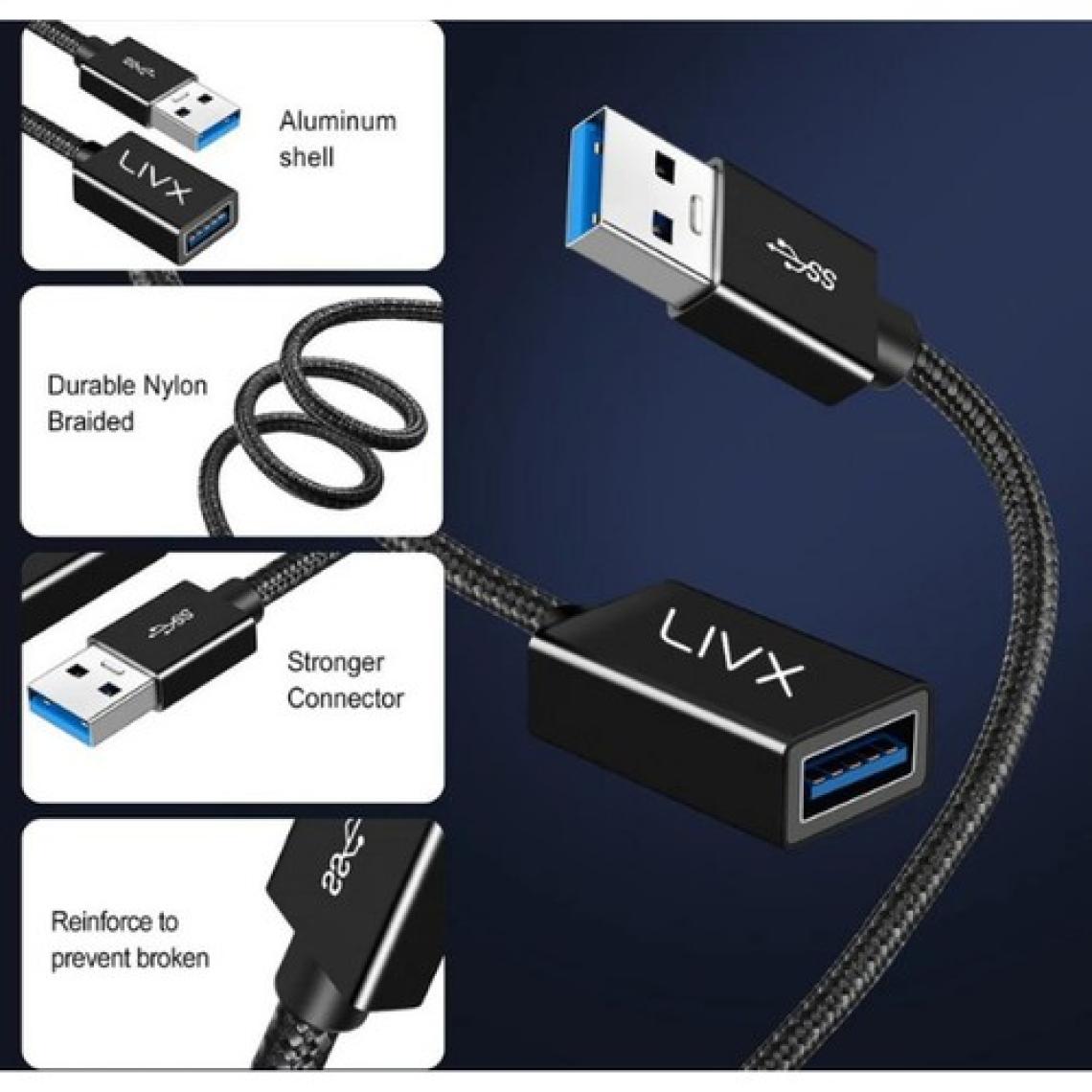 Livx Rope 5gbps Hızlı Veri Aktarımı USB 3.0 Erkek Dişi Uzatma Kablosu Halat Örgülü 5 Metre