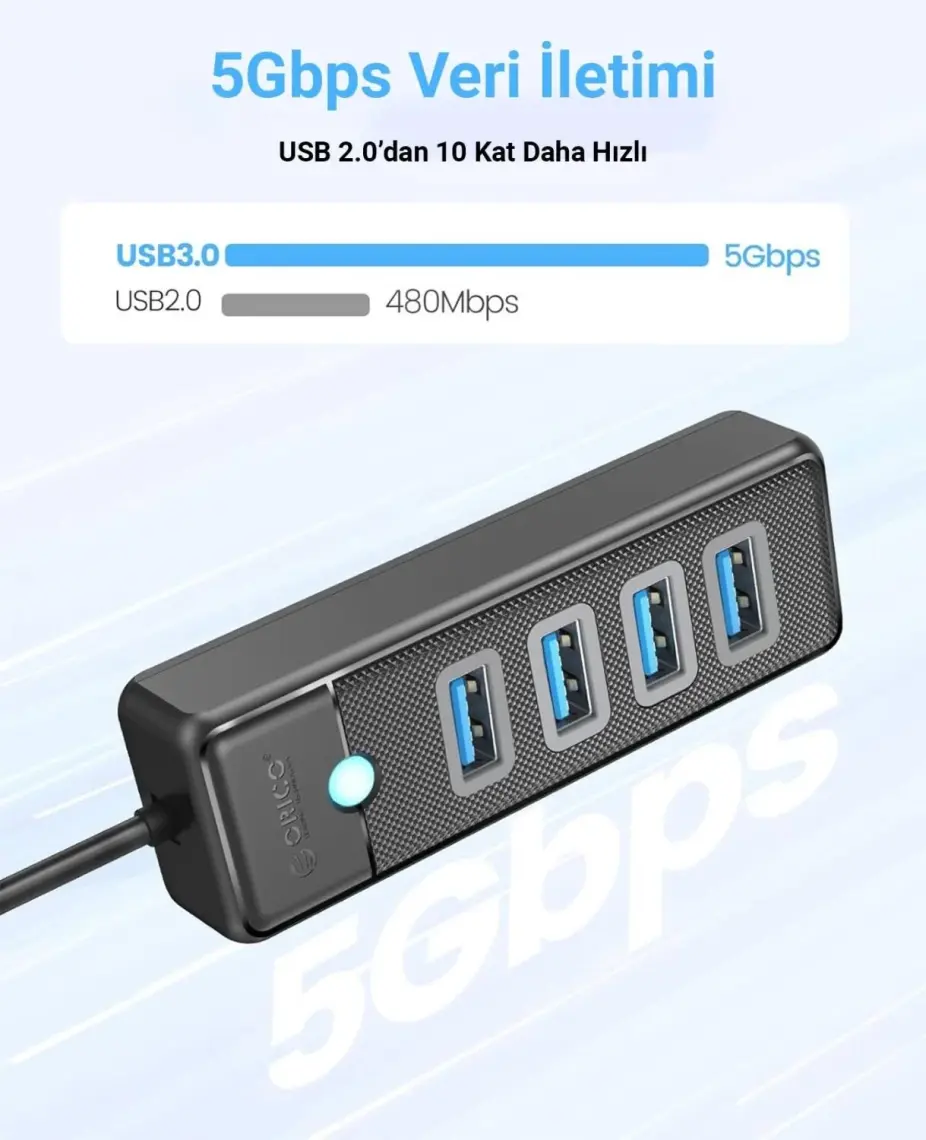 Orico Type-C To 4 Portlu Usb3.0 5gbps Çoklu USB Bağlantı Noktası Çoklayıcı Hub, 15CM, Siyah, PW4U-C3-015-BK
