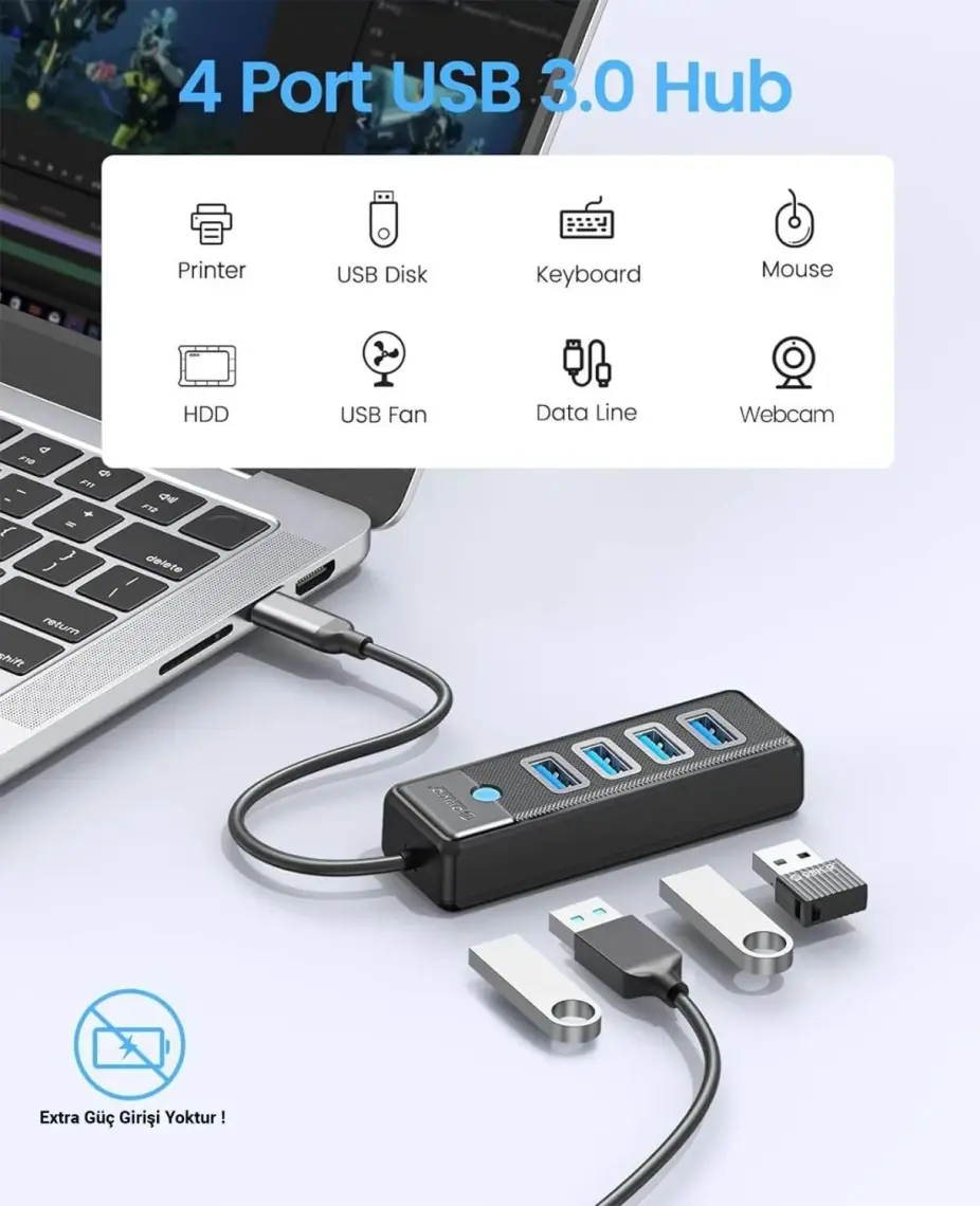 Orico Type-C To 4 Portlu Usb3.0 5gbps Çoklu USB Bağlantı Noktası Çoklayıcı Hub, 15CM, Siyah, PW4U-C3-015-BK