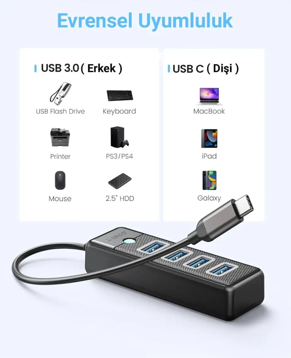 Orico Type-C To 4 Portlu Usb3.0 5gbps Çoklu USB Bağlantı Noktası Çoklayıcı Hub, 15CM, Siyah, PW4U-C3-015-BK