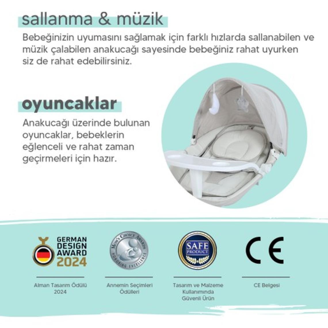 Huggy Rockie Yenidoğana Uygun Hareket Sensörlü Kumandalı Bluetooth Müzikli Mama Tepsili Ana Kucağı