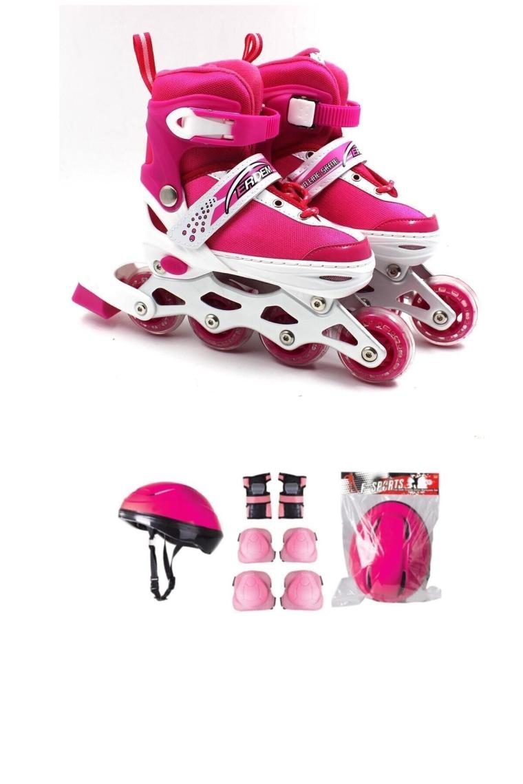 Pembe Ayarlanabilir, Full Set ( Kask Dizlik Seti Dahil) Çocuk Başlangıç Pateni