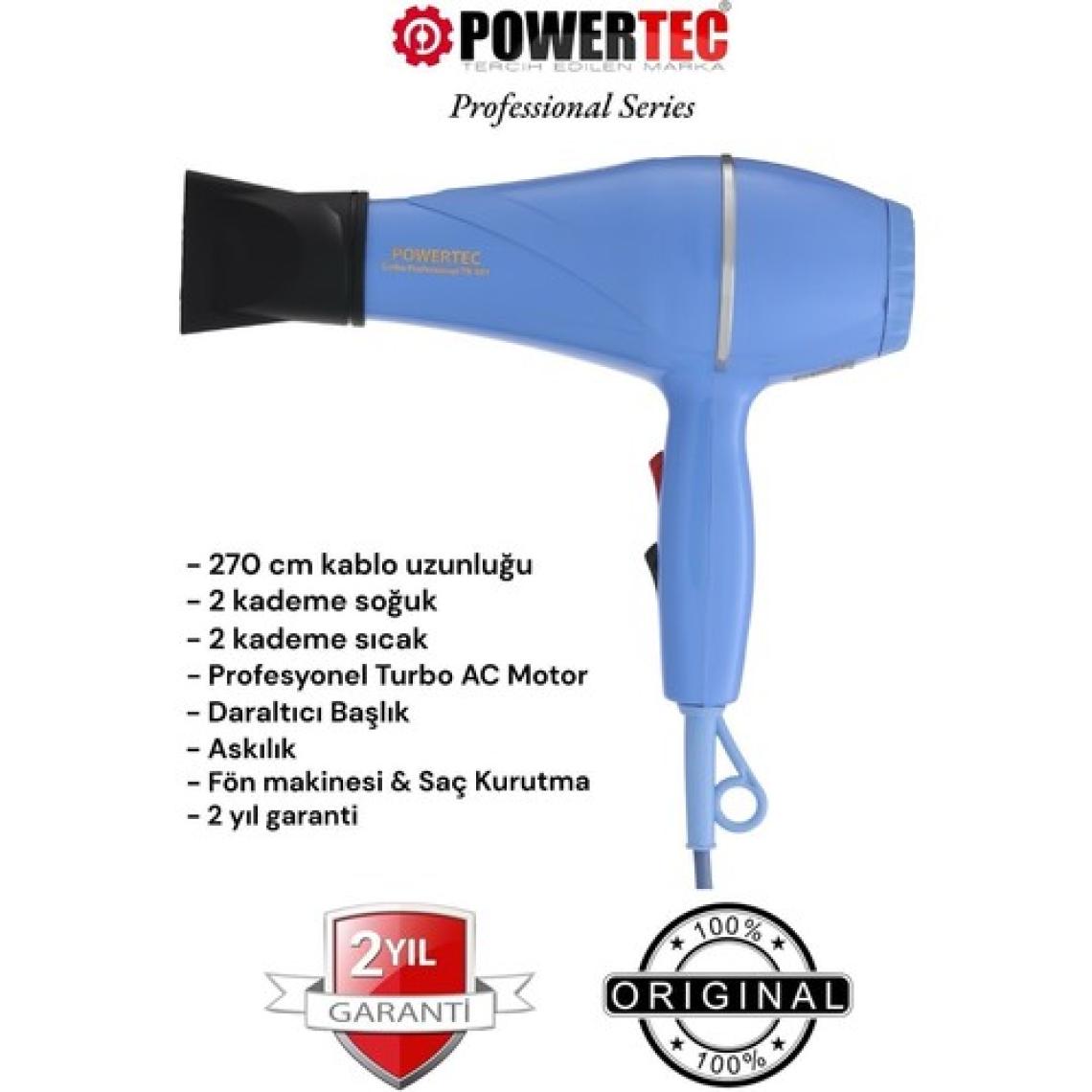 Powertec TR-501 Profesyonel Fön Makinesi 2500 W – Dayanıklı Gövde, 2 Hız Ayarı, Ergonomik Tasarım, Kuaför Kullanımına Uygun