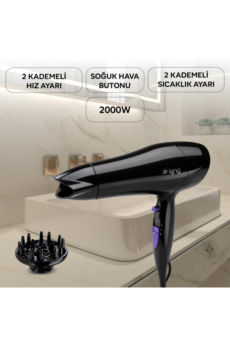 King K-428 Adora 2000 W Saç Kurutma Makinesi – Difüzörlü, İyon Teknolojili, Soğuk Hava ve 2 Hız Ayarı, Hafif ve Sessiz Tasarım