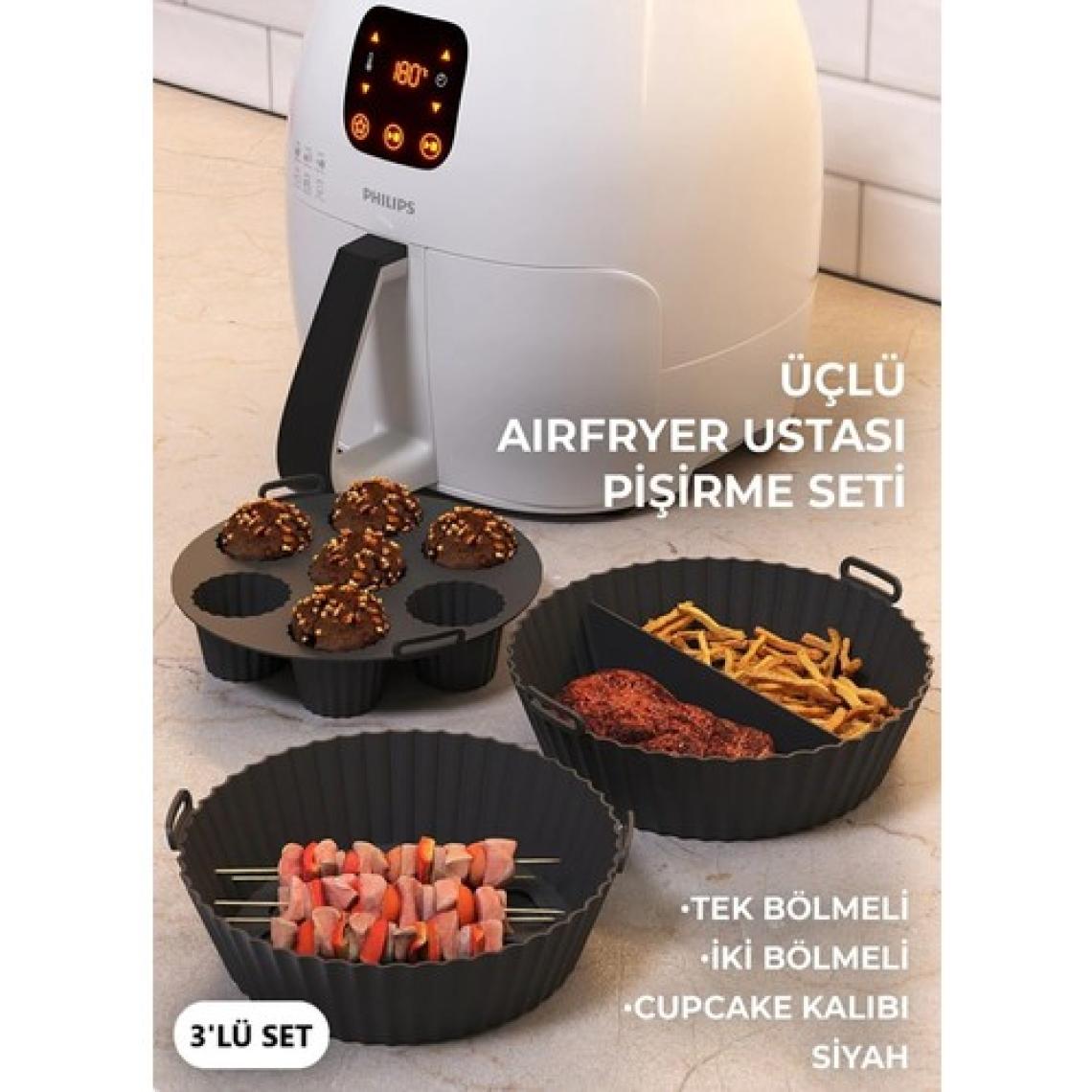 Airfryer Ustası Pişirme Seti 3'lü Silikon Pişirme Kabı Kalıbı Kağıdı
