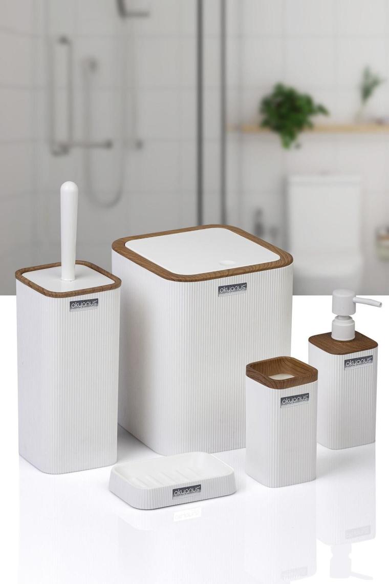 Okyanus Home Mina Beyaz Ahşap Desenli Çizgili Kare 5'li Banyo Seti