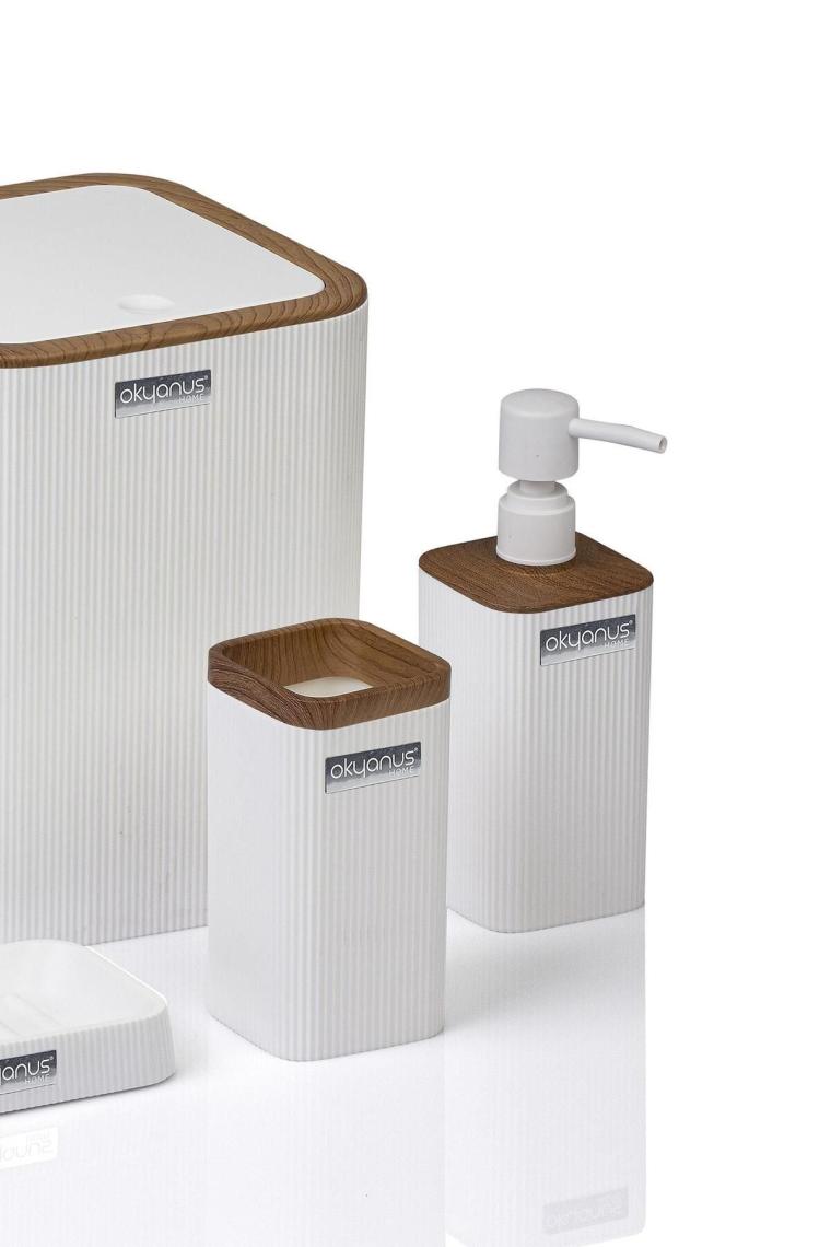 Okyanus Home Mina Beyaz Ahşap Desenli Çizgili Kare 5'li Banyo Seti
