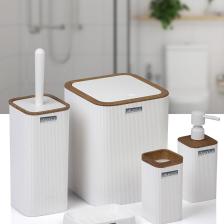 Okyanus Home Mina Beyaz Ahşap Desenli Çizgili Kare 5'li Banyo Seti