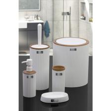 Okyanus Home Mina Beyaz Ahşap Desenli Çizgili Yuvarlak 5'li Banyo Seti