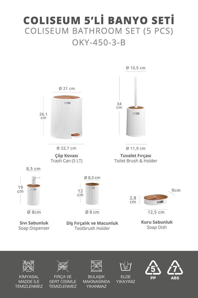 Okyanus Home Coliseum Beyaz Ahşap Desenli 5'li Banyo Seti