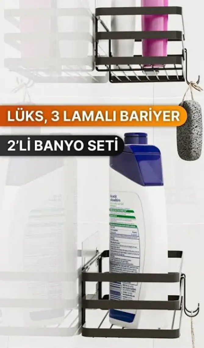 Banyo Düzenleyici Şampuanlık Sabunluk 2 Li Set Lamalı Yapışkanlı 4 Askılı Duş Rafı Organizer