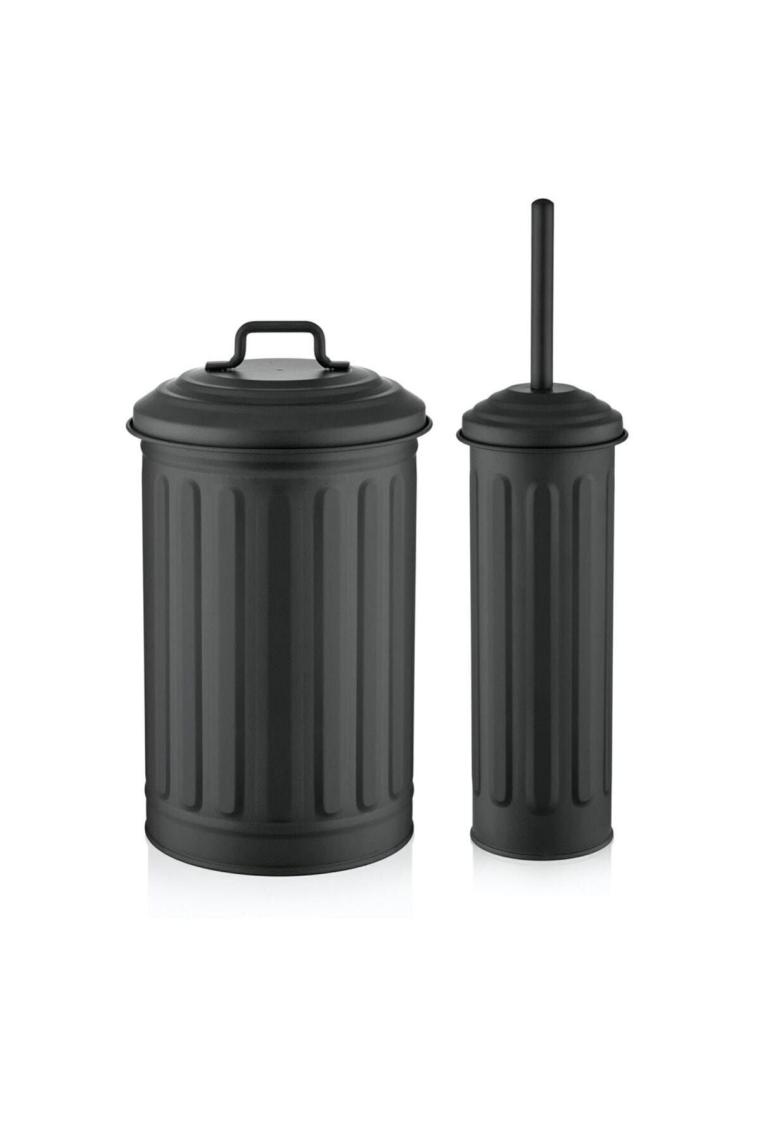 Galvaniz 2'li Çöp Kovası Tuvalet Fırçası Banyo Seti Siyah Glv0644