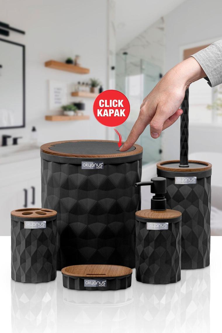 Diamond Siyah Ahşap Click Kapak 5'li Banyo Seti