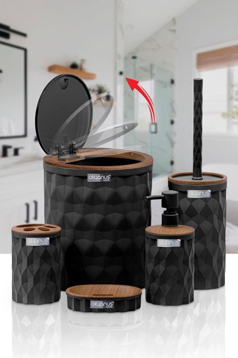 Diamond Siyah Ahşap Click Kapak 5'li Banyo Seti