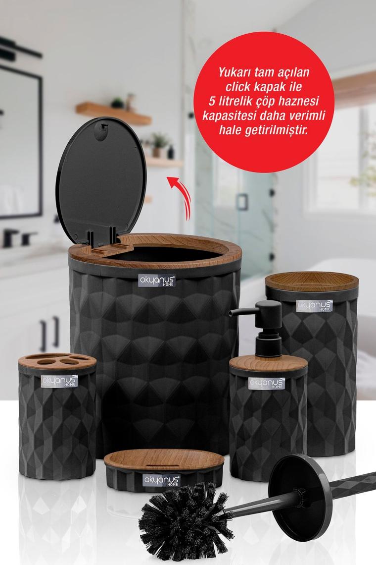 Diamond Siyah Ahşap Click Kapak 5'li Banyo Seti
