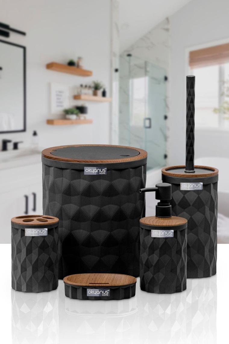 Diamond Siyah Ahşap Click Kapak 5'li Banyo Seti