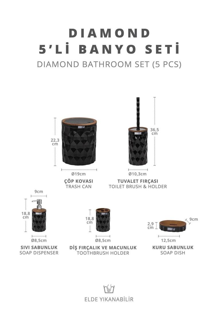 Diamond Siyah Ahşap Click Kapak 5'li Banyo Seti