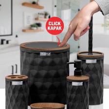 Diamond Siyah Ahşap Click Kapak 5'li Banyo Seti