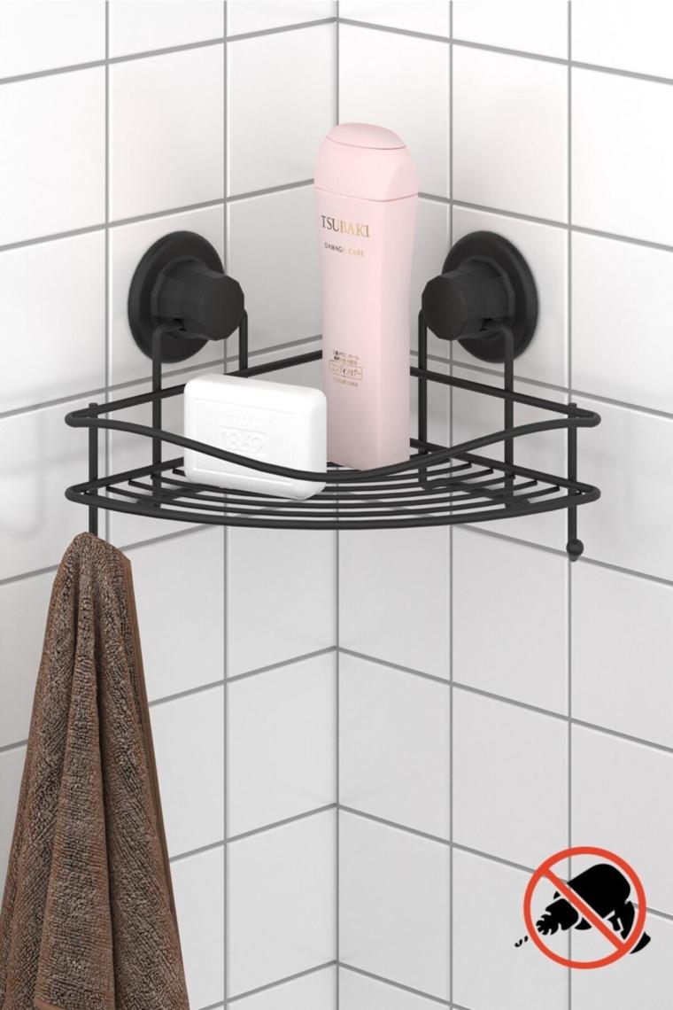 Mat Siyah Vakumlu Tek Katlı Banyo Köşe Rafı  Dm250