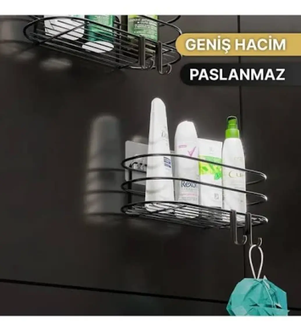 Banyo Düzenleyici Şampuanlık Sabunluk 2li Set Yapışkanlı 4 Askılı Duş Rafı Paslanmaz Organizer