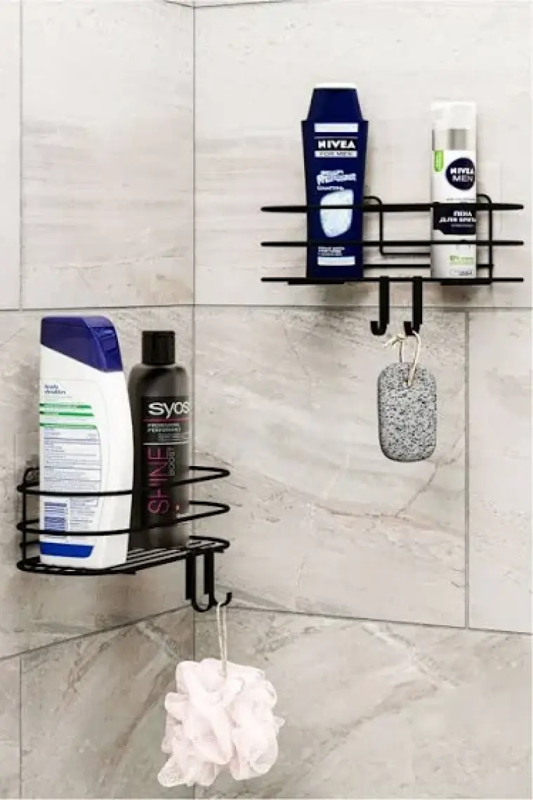 Banyo Düzenleyici Şampuanlık Sabunluk 2li Set Yapışkanlı 4 Askılı Duş Rafı Paslanmaz Organizer