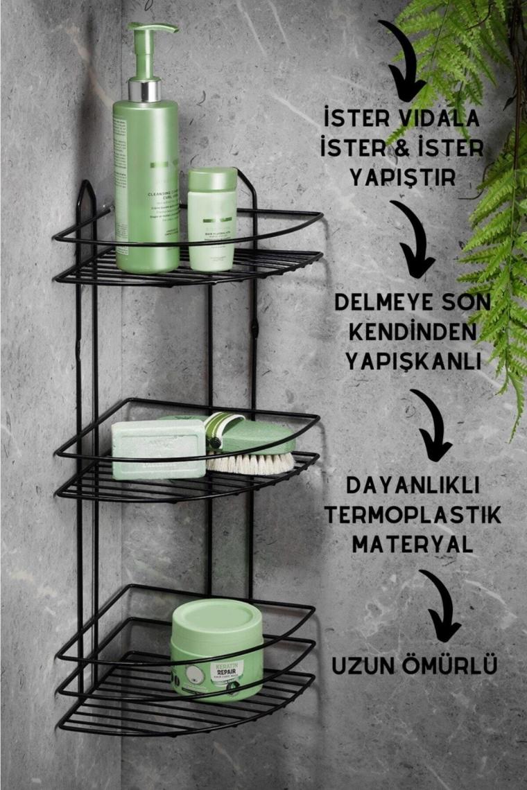 Ömür Boyu Paslanmaz Yapışkanlı Banyo Köşeliği Düzenleyici Şampuanlık Duş Rafı Siyah Ek-03