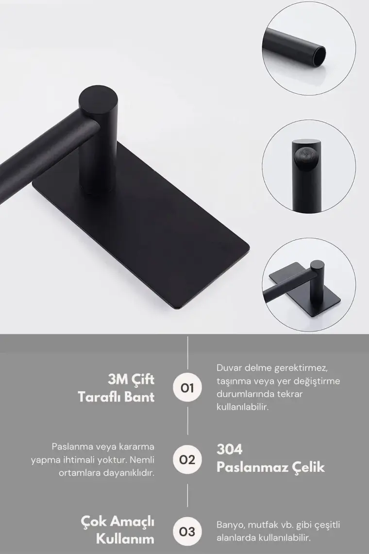 Zift Unique Paslanmaz Çelik Yapışkanlı Banyo Aksesuar Seti-Havluluk-Tuvalet Kağıdı Askısı-Bornoz Askılığı