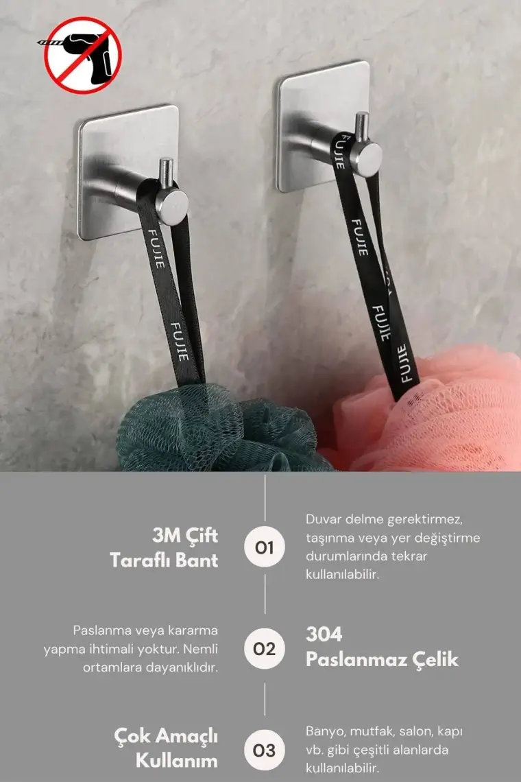 Zift Unique Paslanmaz Çelik Yapışkanlı Banyo Aksesuar Seti-Havluluk-Tuvalet Kağıdı Askısı-Bornoz Askılığı