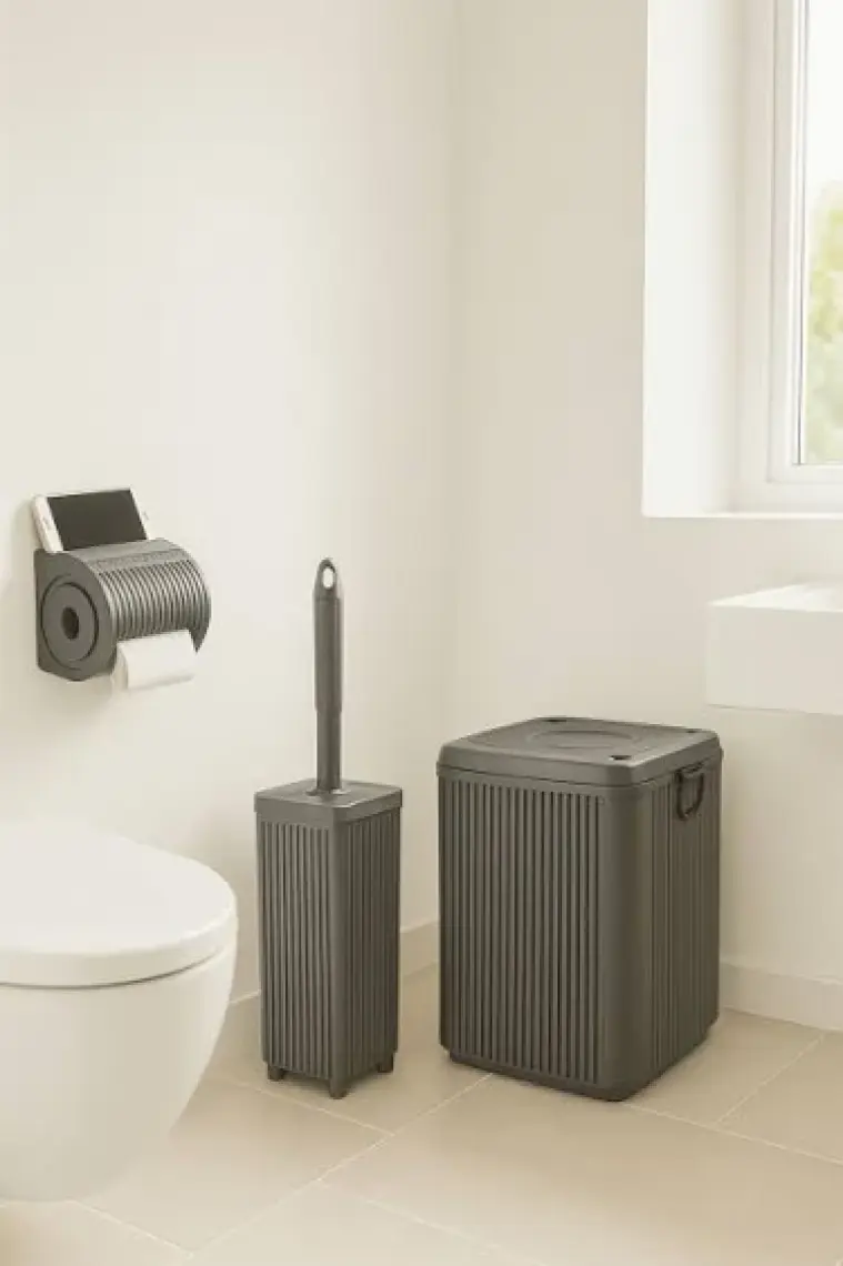 Sas Haus Çöp Kovası Tuvalet Fırçası Wc Kağıtlığı Fırça Banyo Seti Gri 3013