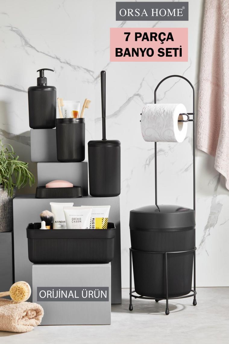 Orsa Home 7 Parça Siyah Banyo Seti Metal Stantlı Kovalı Wc Kağıtlık Kozmetik Kutusu Diş Fırçalık ve Sabunluklar 218