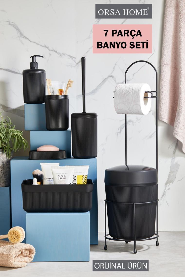 Orsa Home 7 Parça Siyah Banyo Seti Metal Stantlı Kovalı Wc Kağıtlık Kozmetik Kutusu Diş Fırçalık ve Sabunluklar 218