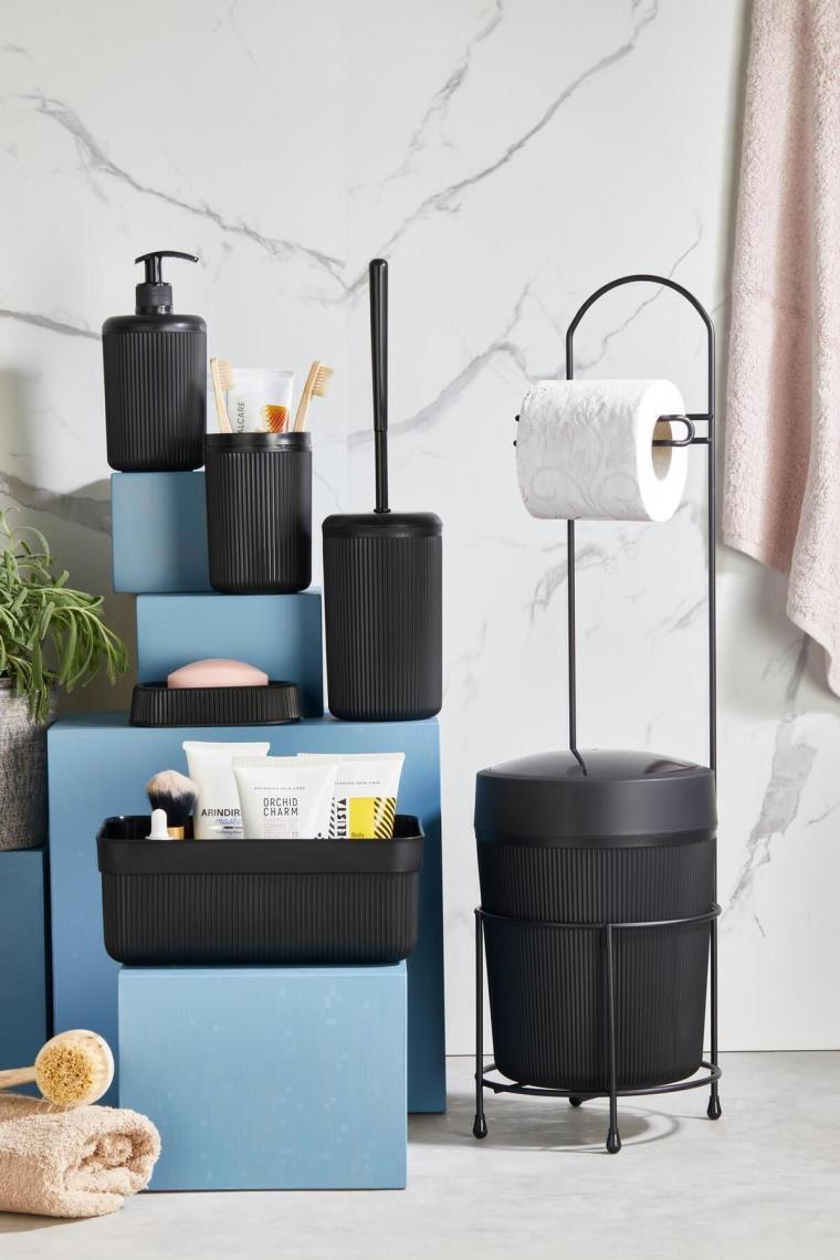Orsa Home 7 Parça Siyah Banyo Seti Metal Stantlı Kovalı Wc Kağıtlık Kozmetik Kutusu Diş Fırçalık ve Sabunluklar 218
